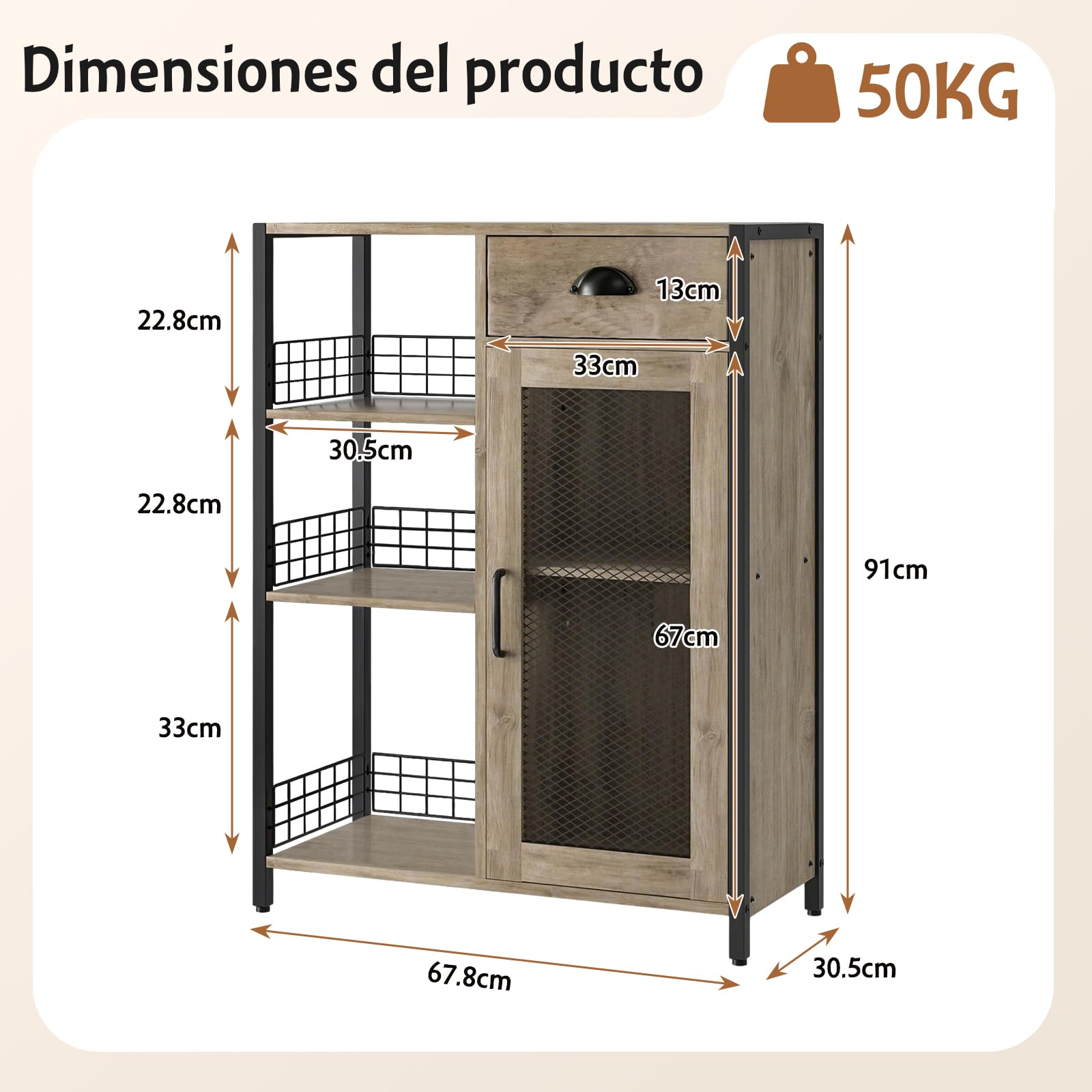 Aparador de Cocina con Cajón, Puertas y Estantes | Estilo industrial, 30,5 × 68 × 91 cm, Ideal para cocina, comedor, sala o pasillo