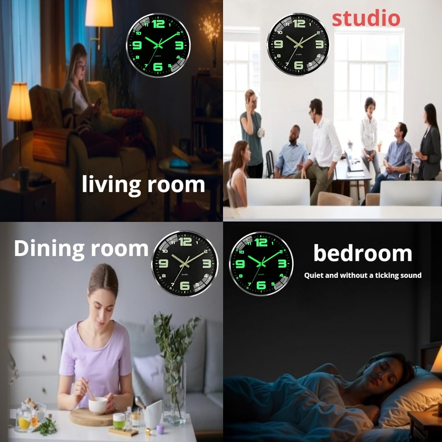 12-inch wall clock, battery powered, tick-free, luminous, large font clearly visible at night, metal frame for durability, tempered glass mirror, suitable for all living room settings (silver)