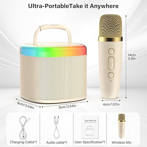 Vista 23 de JYX Mini máquina de karaoke para niños, altavoz Bluetooth negro sin alimentación con luces de fiesta y 1 micrófono inalámbrico, ideal para adultos