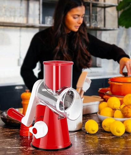 Miniatura 4 de Rallador de queso giratorio rojo, rallador manual de queso con asa, 3 cuchillas de acero inoxidable reemplazables, triturador de queso, base de