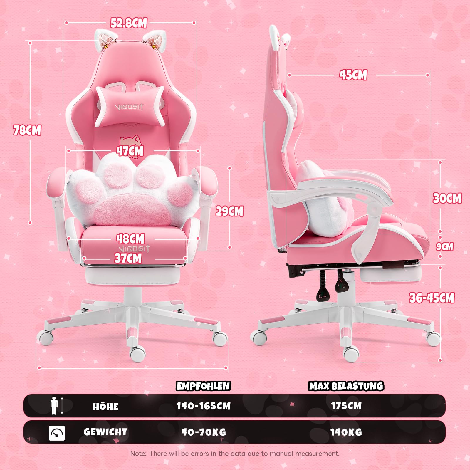 Vigosit Chaise de jeu PC mignonne, ergonomique, avec coussin lombaire et oreilles de chat, repose-pieds réglable, pour filles, adolescentes, enfants, rose