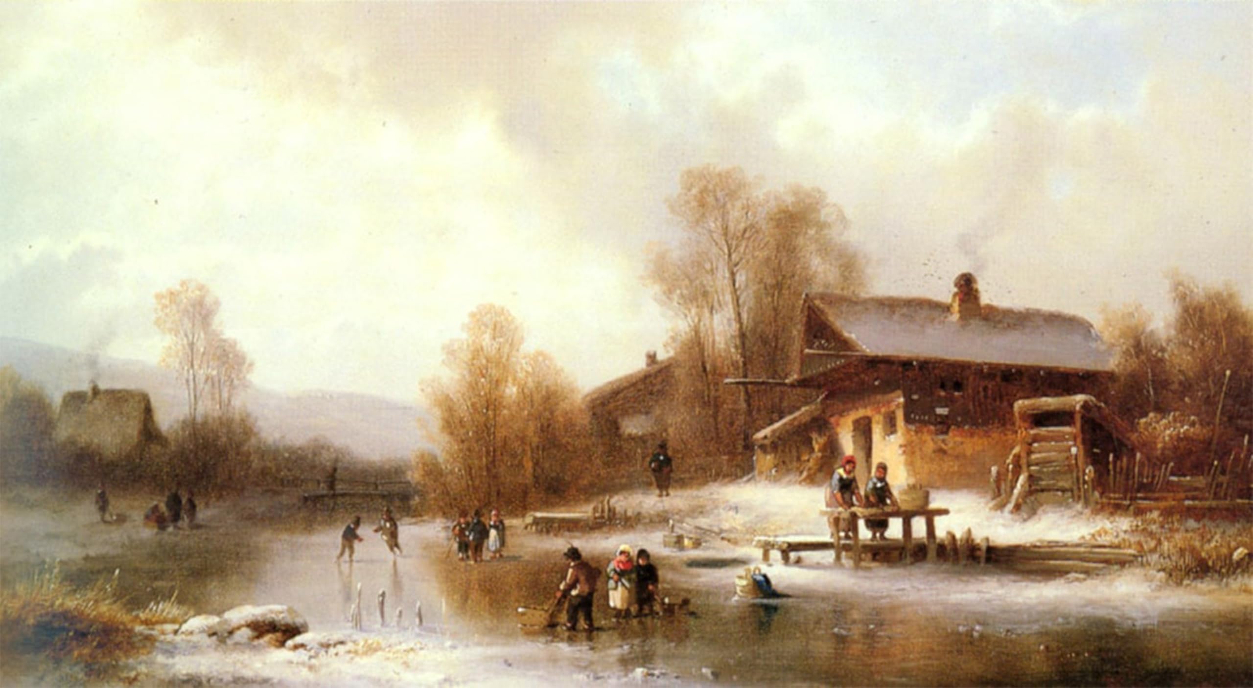 Posteriik No Frame Famous Modern Artwork Art Mural Skaters And Washerwomen In A Landscape By Anton Doll Oil Paintings Pictures For Home Decor 60X90cm