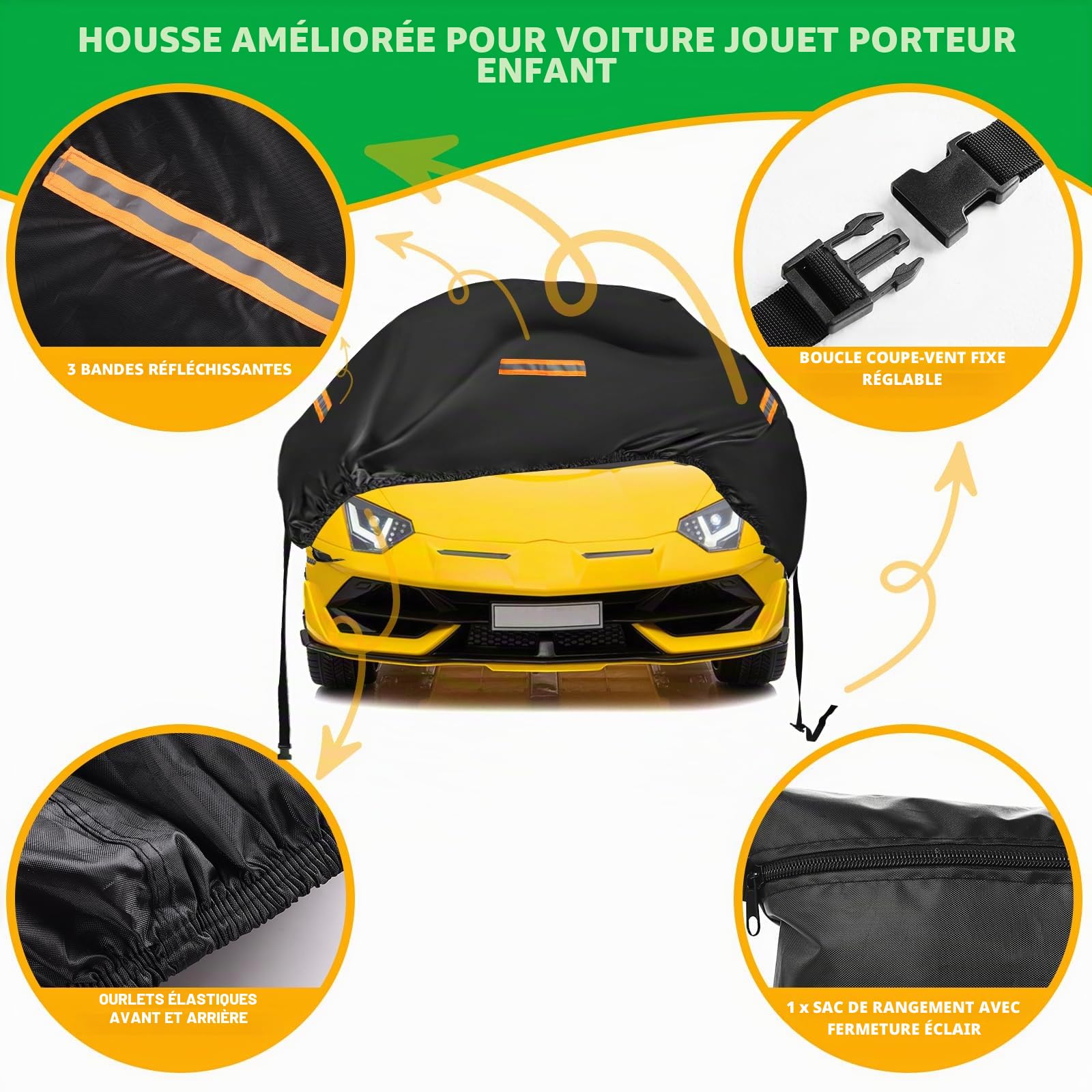 Housse de voiture en tissu Oxford 420D robuste Grande protection imperméable et anti-UV 3 bandes réfléchissantes, boucles