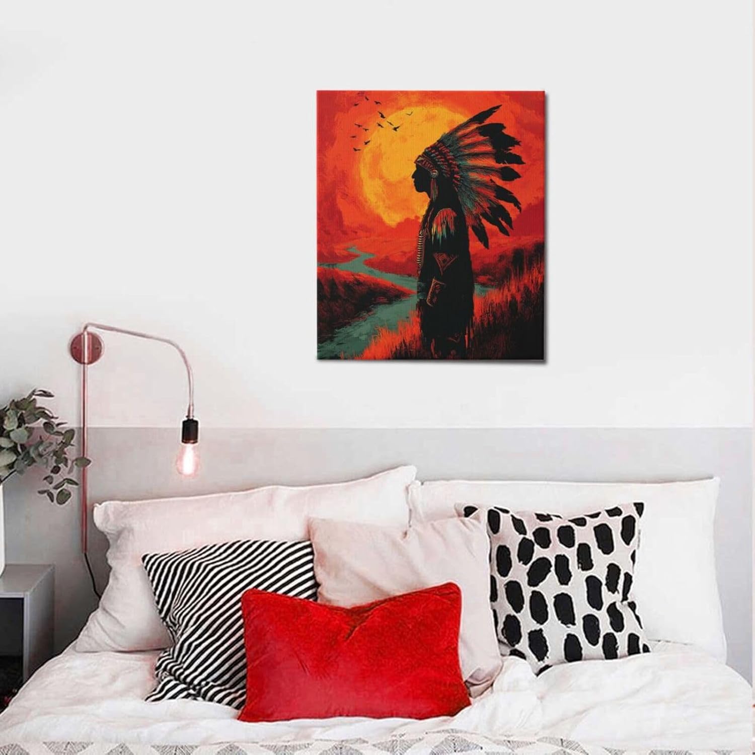 Native American Wall Art Indian Tribe Wall Decor Feather Canvas Pictures Vintage Landscape Paintings Prints Traditional Artwork Framed Decorations For Bathroom Bedroom Living Room Office Gifts 20" x 24"