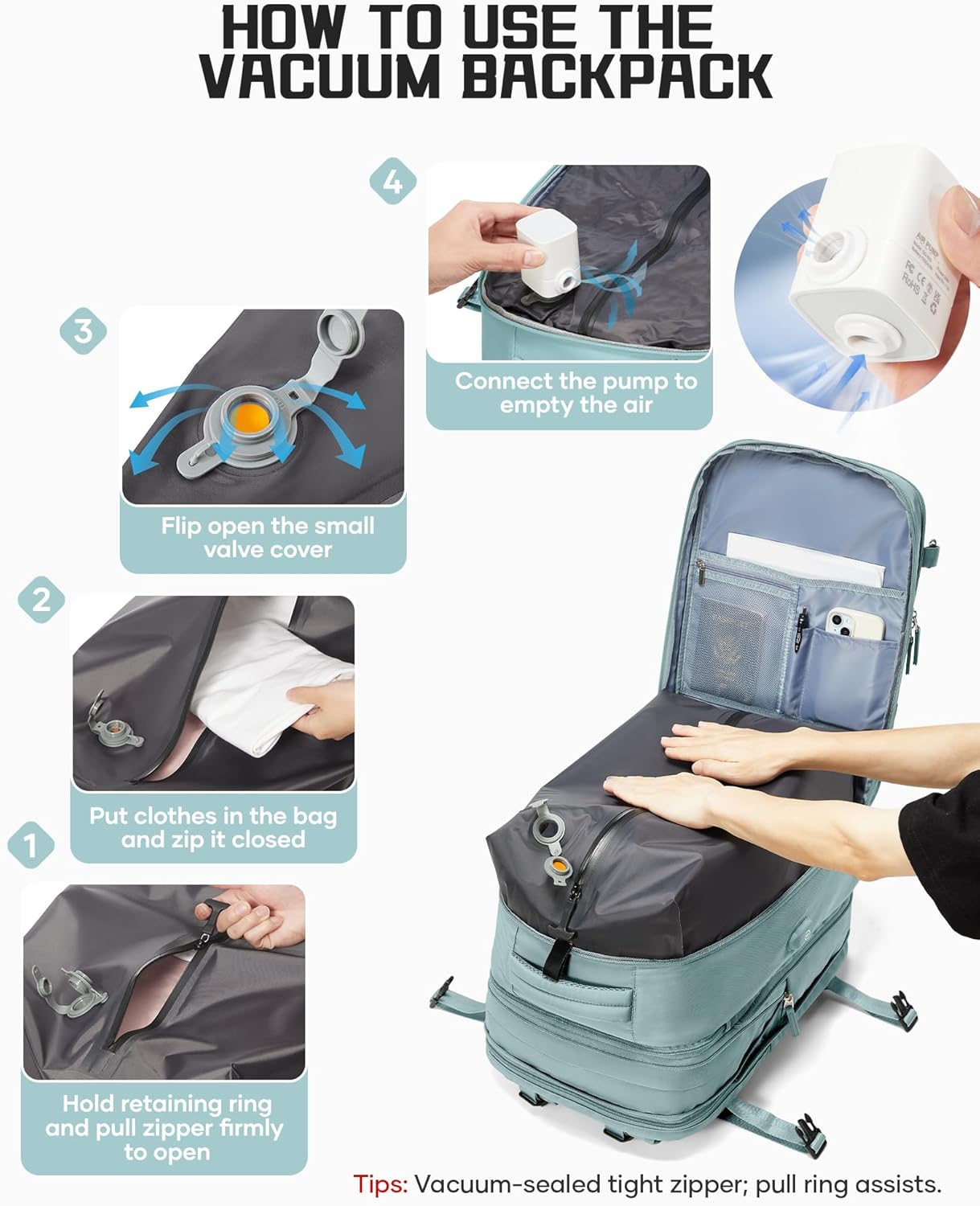 wepadre Vacuum Backpack Travel with Pump Travel Backpack with Vacuum System Expandable Vacpack Compression Backpacks for Travel Easy Vac Pack Carry on Luggage Blue