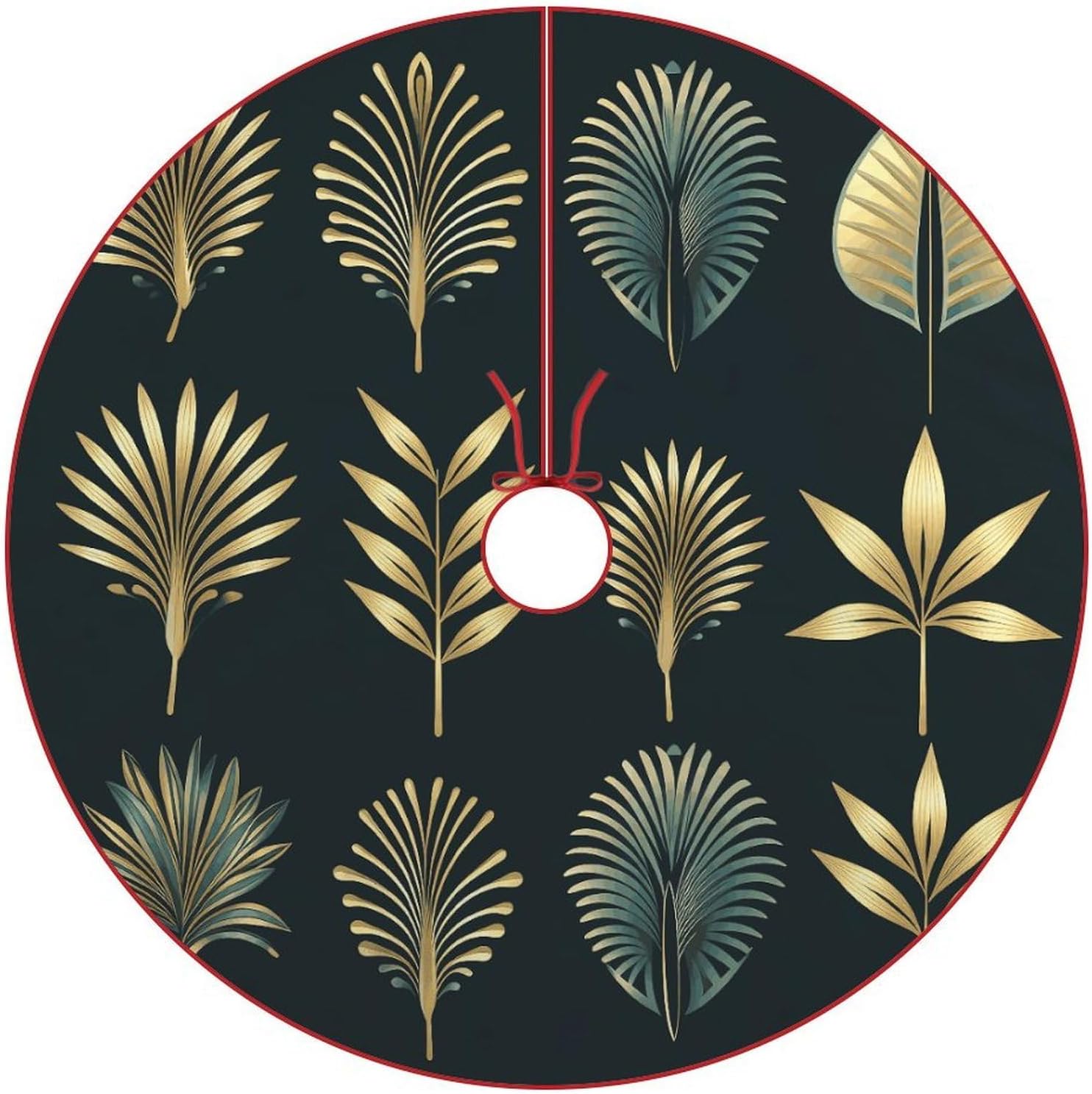 Christmas Tree Skirt,for Xmas Tree Holiday Party Decorations Golden Palm Leaves Printed Christmas Tree Mat Red Lace-up Christmas Tree Dress