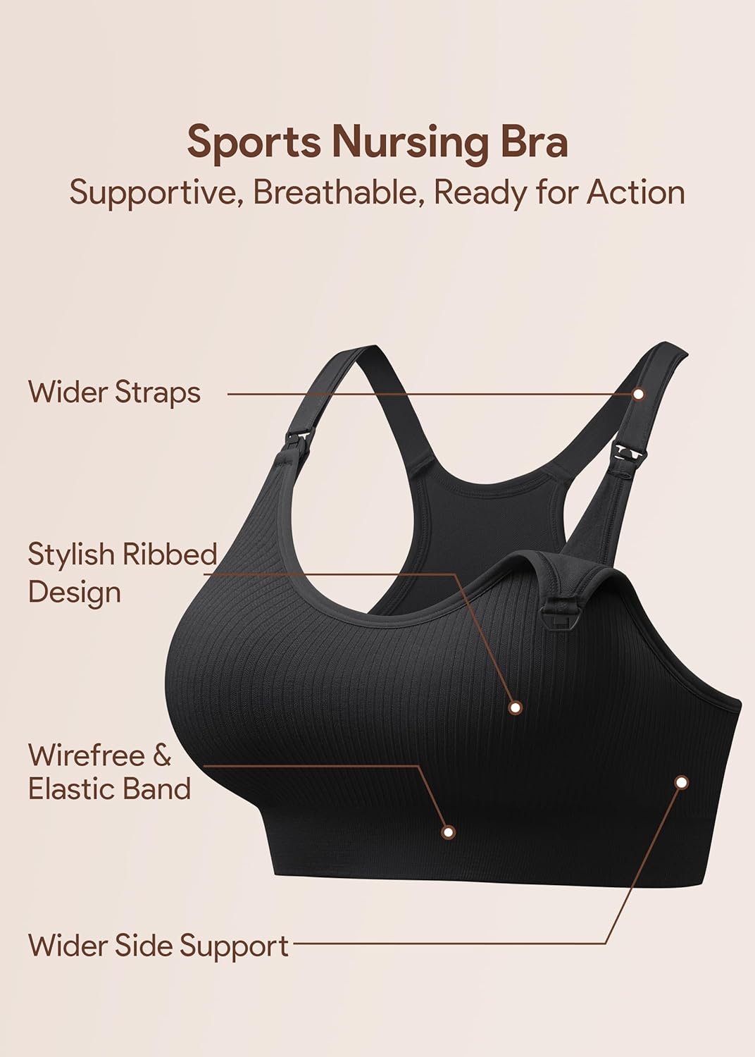 Angelhood Nursing Sports Bras for Breastfeeding, Ribbed Support Maternity Bra Wireless Seamless Sleep Bralette for Pregnancy - Image 7