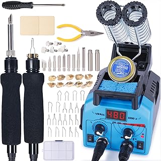 YIHUA 939D-II Pyrography Pen Wood Burning Kit Station 2-in-1 Solid-Point 200~480°C (with Temp Display)/Wire-Nib 250~750°C with 20 Nibs, Solid Points, 1 Stable Pen Holder, 2 Scrap Wood (Blue)