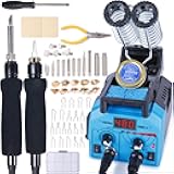 YIHUA 939D-II Pyrography Pen Wood Burning Kit Station 2-in-1 Solid-Point 200~480°C (with Temp Display)/Wire-Nib 250~750°C with 20 Nibs, Solid Points, 1 Stable Pen Holder, 2 Scrap Wood (Blue)