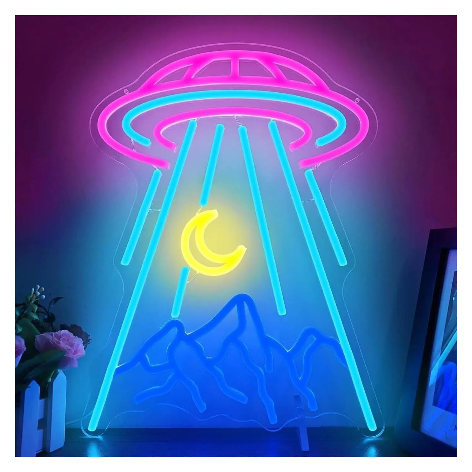 LEMST Signs Lamp UFO Neon Sign Alien Spaceship Mountain Neon Light Dimmable for Bedroom Kids Space Game Room Beer Bar Nightclub Shop Decor 39.5x30cm