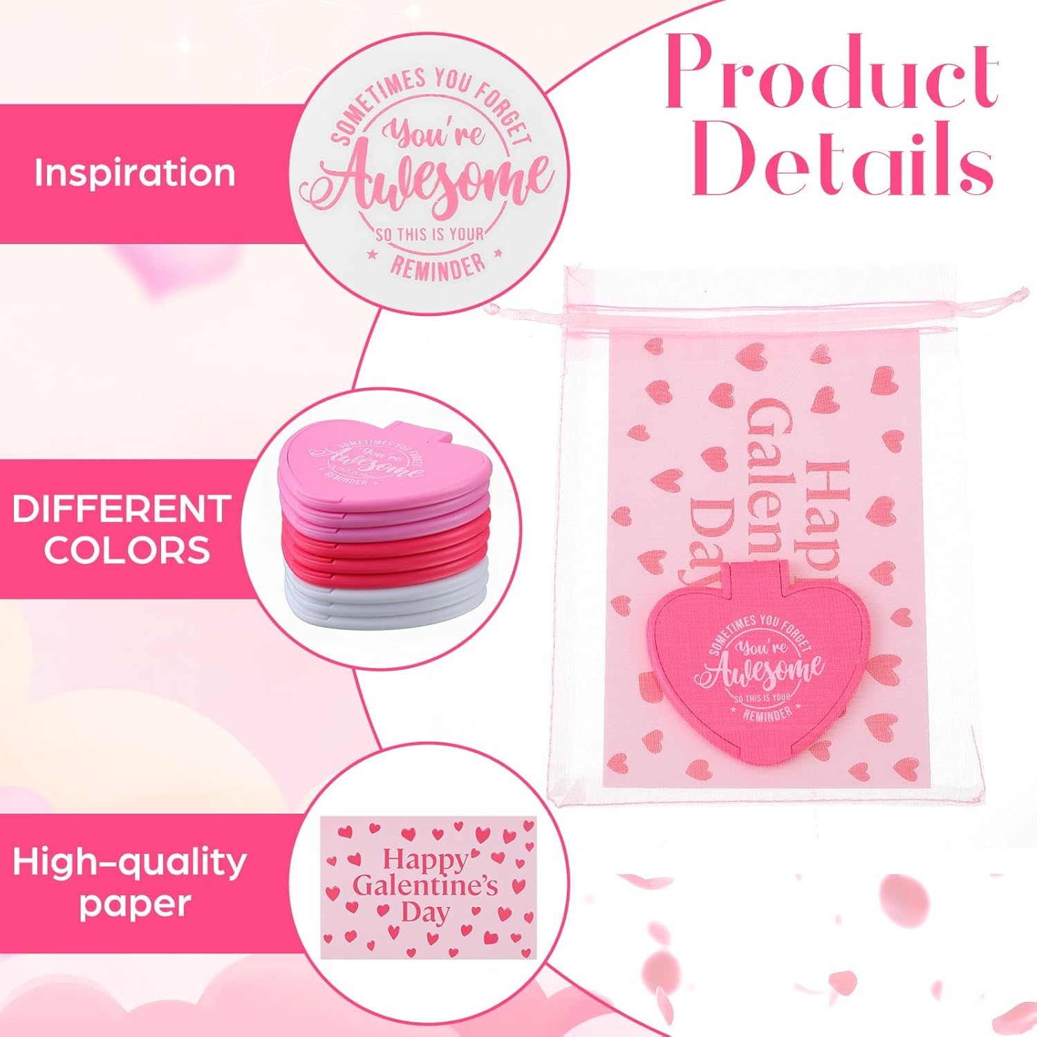 Thyle 36 Set Galentines Gift Heart Mirror Compact Bulk with Valentine Cards and Organza Bags Heart Shaped Mini Pocket Small Folding Makeup Portable Travel Purse Hand Mirror for Valentine Party Favor