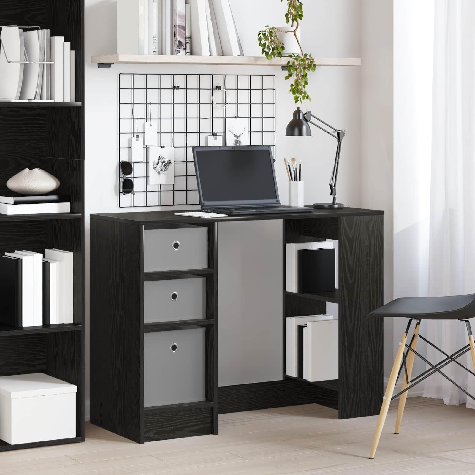 Scrivania con scaffale, effetto rovere nero, in legno, 100 x 40 x 75 cm, con 3 cassetti e ripiano per casa, ufficio, studio, gaming e postazione di lavoro