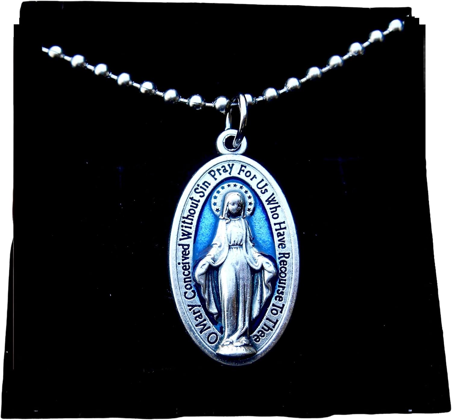 Large Blue Enamel Miraculous Medal Necklace, 30 Inch Stainless Steel Ball Chain, Catholic Gift, Gorgeous Blue Enamel Our Lady of Grace Medal Measures 1 1/8 inch