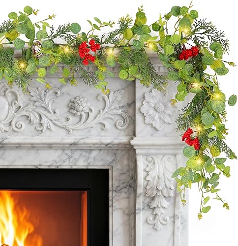 Miniatura 10 de Guirnalda de Navidad preiluminada de 6 pies con luces, guirnalda de cedro realista con bayas rojas, cono de pino artificial de tacto real, guirnalda