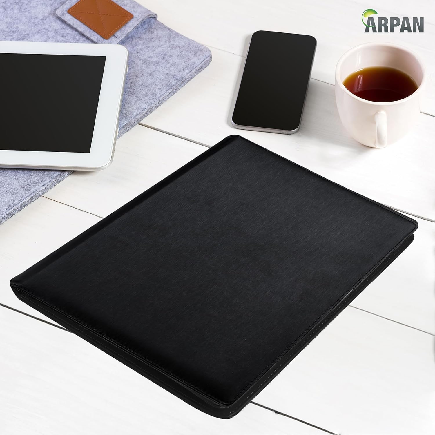 Arpan A4 Certificate Presentation Folder, Faux Leather Document Organizer, Professional Portfolio Book, Conference Display Binder (Black, 48 Pockets 96 Sides)