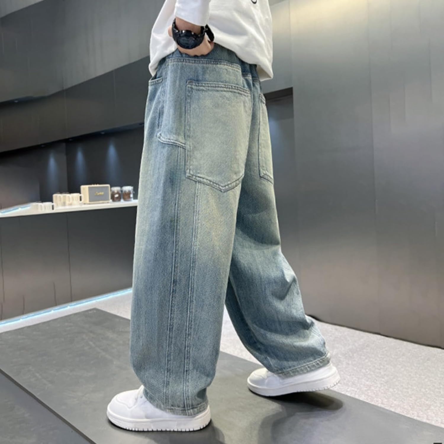 Boys Baggy Jeans Wide Leg Elastic High Waist Denim Pants with Drawstring Teen Kids Preppy Y2k Loose Pockets Trousers