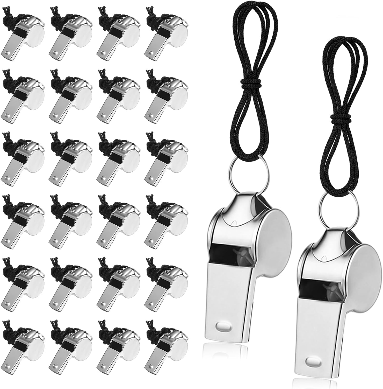 Apausvcm 100Pcs Metal Whistle with Lanyard, Stainless Steel Sports Whistles Loud Sound Whistles Bulk for Coaches Teachers Referees Police