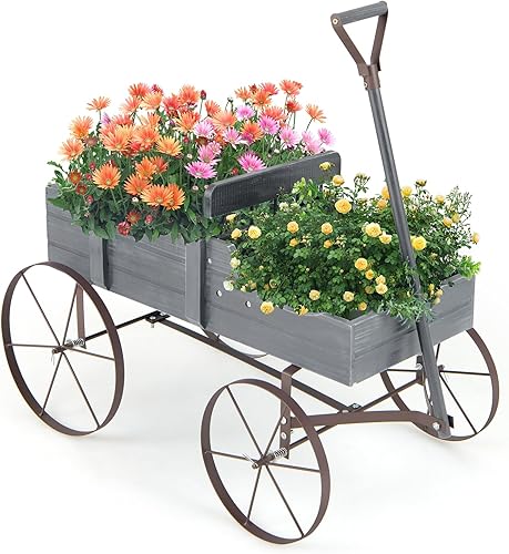 Miniatura 10 de Giantex Maceta decorativa para jardín, carrito pequeño con ruedas de metal, camas elevadas de madera, soporte para macetas para patio trasero,
