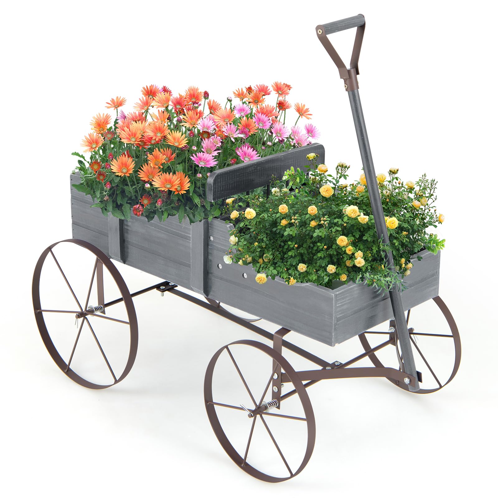 RELAX4LIFE Fioriera da Esterno a Forma di Carriola 62x34x60cm, Fioriera in Legno di Abete con 4 Ruote e Maniglia Regolabile, Carriola Portafiori con Drenaggio per Giardino, Terrazzo, Max 15kg (Grigio)