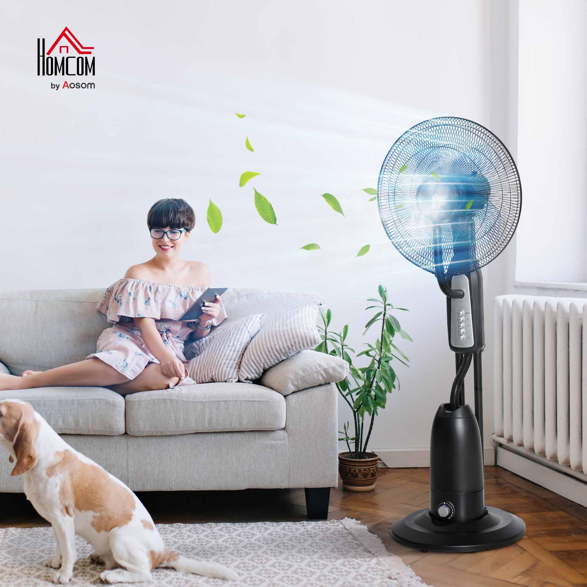 HOMCOM Ventilateur brumisateur silencieux 90 W, ventilateur sur roulettes 120 cm avec 3 vitesses, oscillation à 70°, tête inclinable, réservoir d'eau de 2,8L, noir