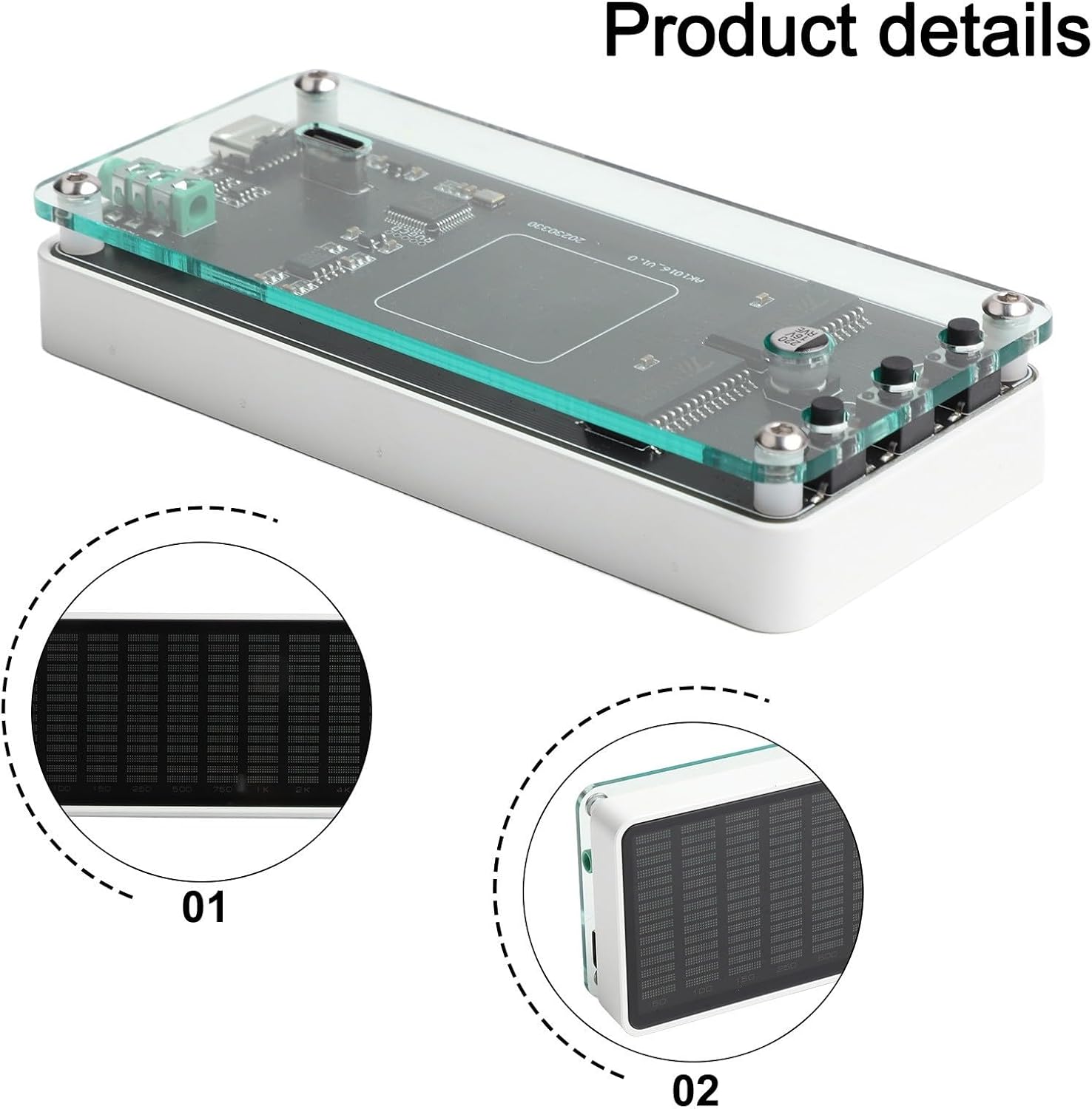 Top-down view of the AK1016 Audio Spectrum Analyzer circuit board, highlighting buttons, audio input, microphone pickup hole, and dual Type-C power inputs.