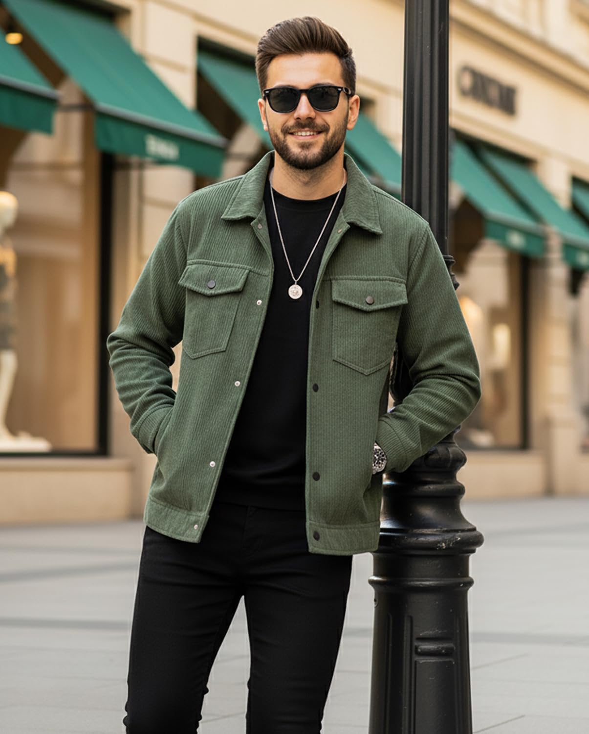 HBER Corduroy Jacket for Men Button Down Vintage Long Sleeve Fall Shirts Casual Western Shacket Jacket with Flap Pockets - Image 3