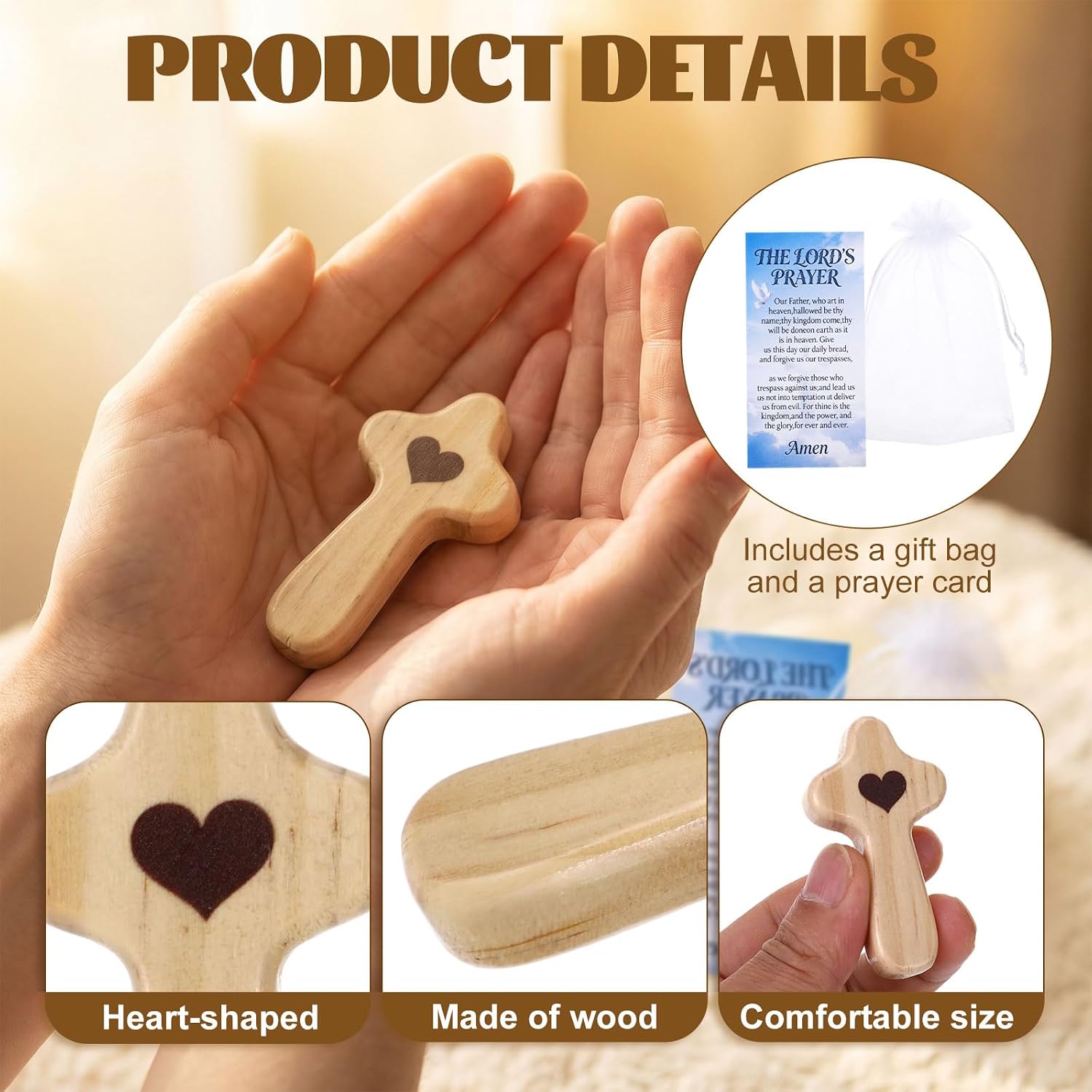 30 Set Small Wooden Cross Bulk with Prayer Cards Organza Bags 2.56 in Pocket Cross Small Wooden Crosses for Crafts Mini Holding Crucifix Christian Gifts Bulk Baptism Favors Religious Easter Day Gifts