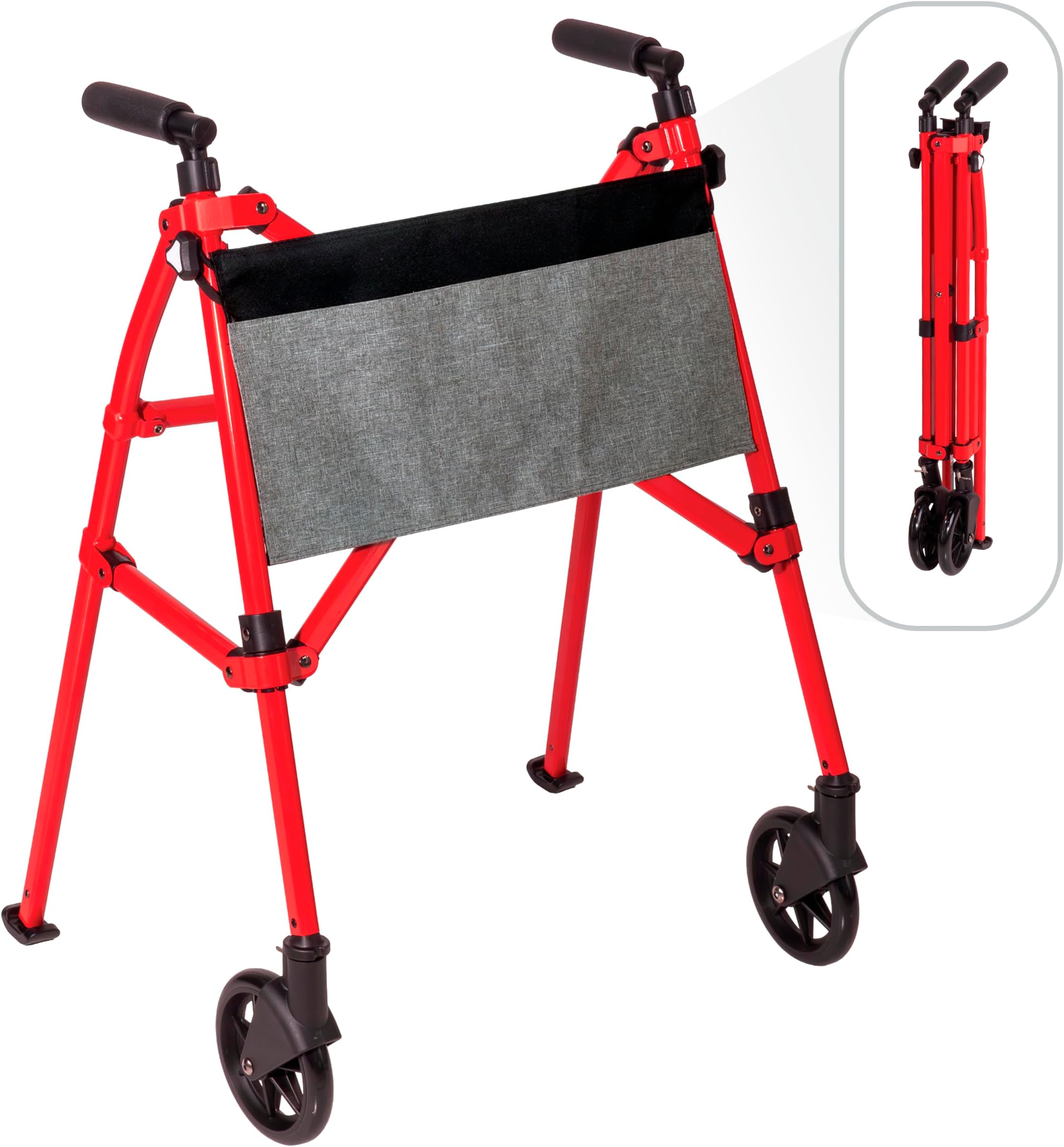 Stander EZ Fold-N-Go Walker, Lightweight Folding Rolling Walker for Adults, Seniors, and Elderly, Collapsable Travel Walker with Wheels, Ski Glides, and Pouch, Compact Standard Walker, Sport Red