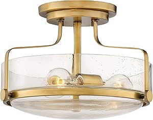 Hinkley Harper Medium Semi-Flush Mount Ceiling Light, Sleek, Retro Style, Heritage Brass and Clear Seedy Glass