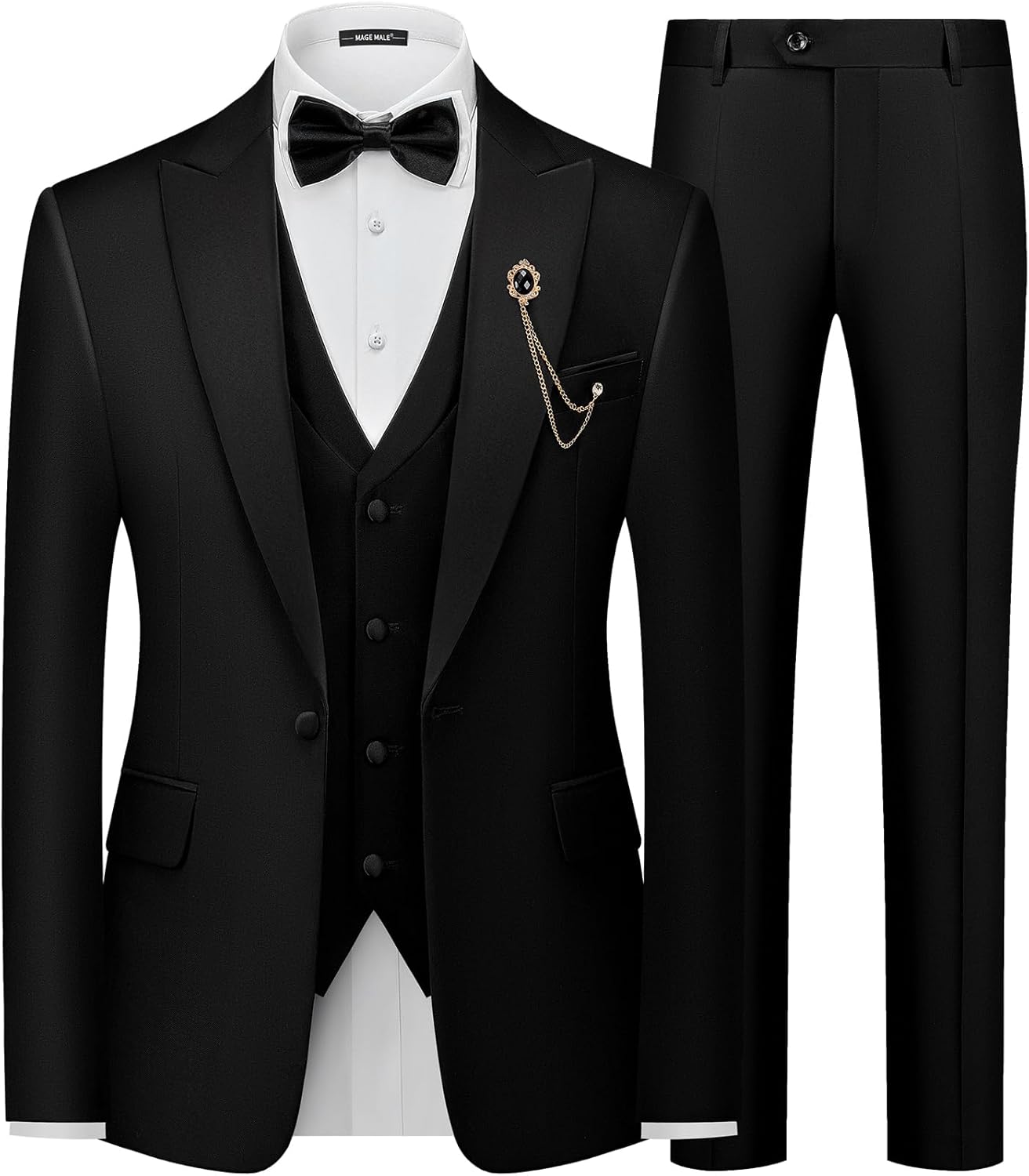 MAGE MALE Mens Suit Slim Fit 3 Piece Tuxedo Suits One Button Wedding Prom Party Dinner Blazer Vest Black Pants Set