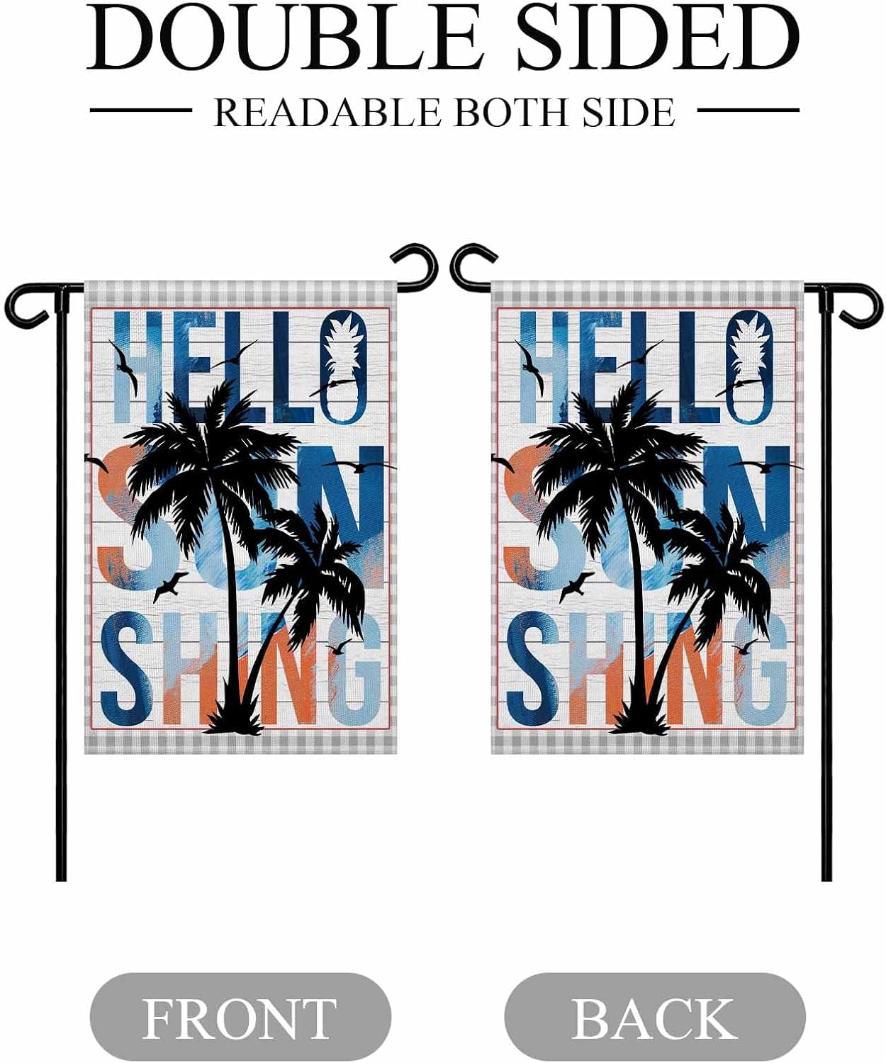 Garden Flags 28"x40" Double-Sided, Outdoor Decor with Reinforced Edges, Hello Sunshine Palm Trees Bird Wood Grain Gray Plaid Flags for Yard Porch Lawn Bedroom Wall