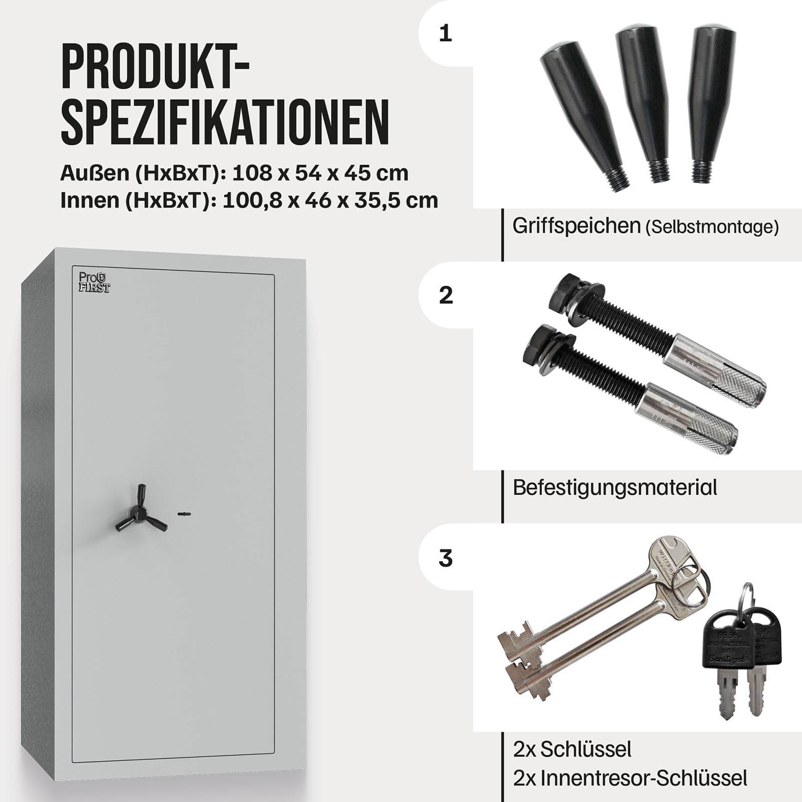 Profirst Wertschutzschrank Fortress 110 EN1 Doppelbartschloss 2 Schlüssel Feuerfalz Stahl separat verschließbarer Innentresor 2 verstellbare Fachböden inkl. Befestigungsmaterial