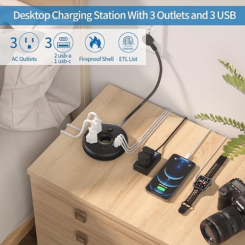 Miniatura 2 de NTONPOWER - Regleta de alimentación de viaje, estación de carga portátil 3 USB sin protector de sobretensiones, cable de extensión corto de 15