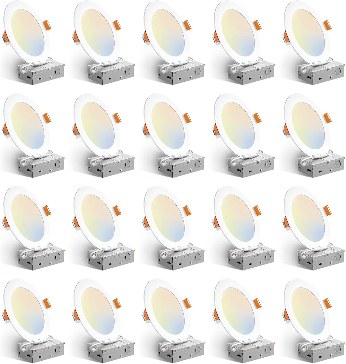 Amico 20 Pack 6 Inch LED Recessed Light with Junction Box, 5CCT, 1050LM | 12W, 2700K-5000K, 5%-100% Dimmable, 120V, White, Metal Housing, Ultra-Thin Canless Wafer Downlight, ETL, FCC, IC & Damp Rated