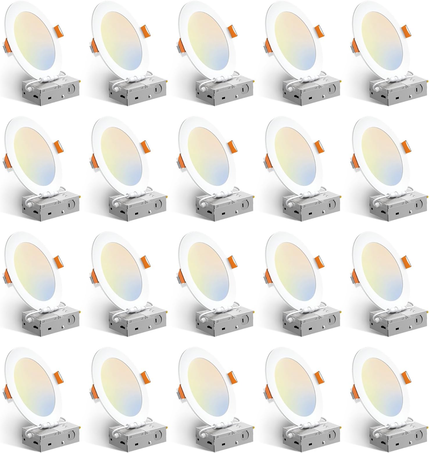 20 Pack 6 Inch 5CCT Ultra-Thin LED Recessed Ceiling Light with Junction Box, 2700K/3000K/3500K/4000K/5000K Selectable, 12W Eqv 110W, Dimmable Can-Killer Downlight, 1050LM Wafer Lighting - ETL