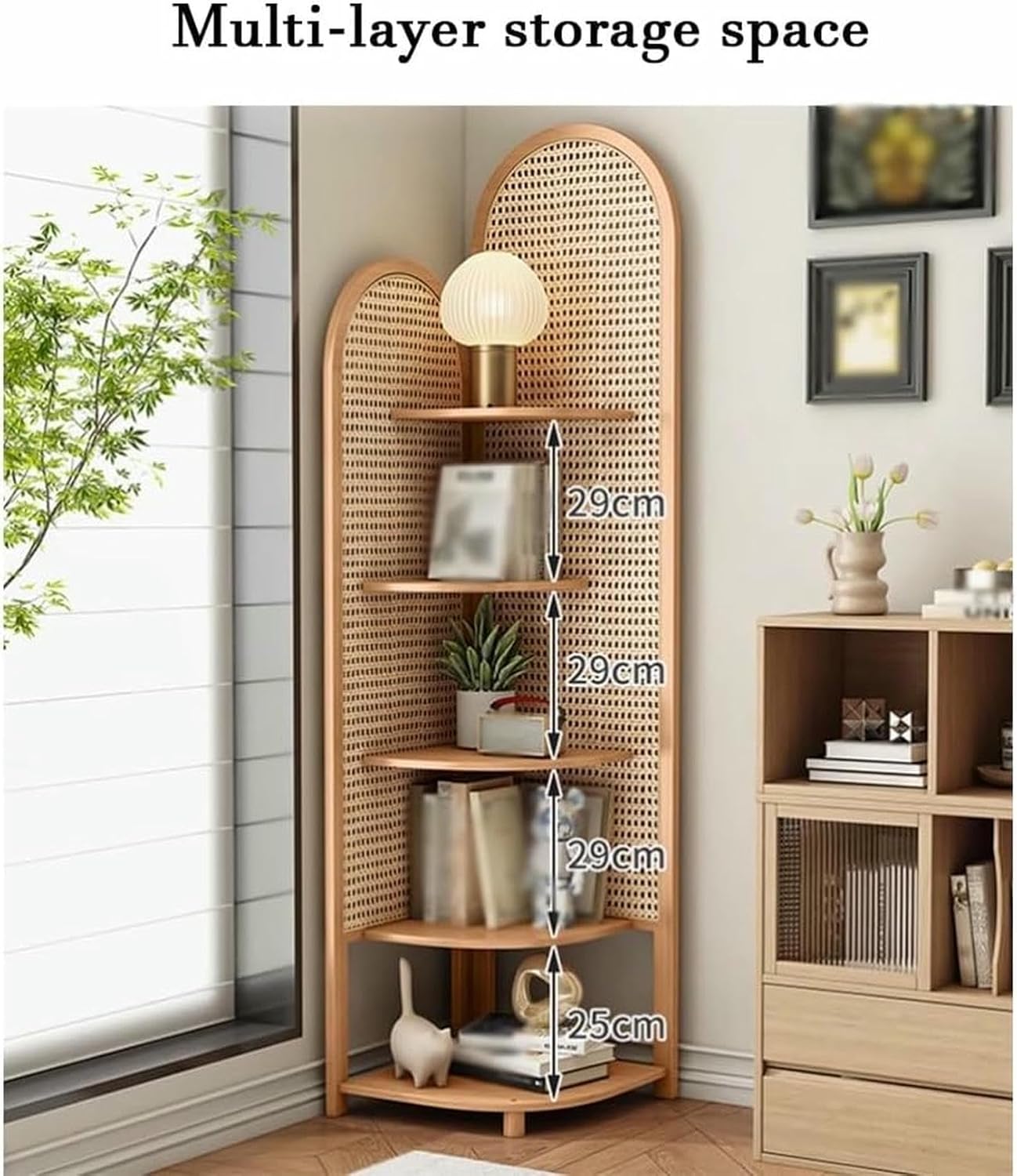 5-Tier Rattan Corner Shelf - Multi-Tier Bamboo & Rattan Organizer for Living Room, with Generous Countertop Space for Small Areas, Stylish Home Decoration
