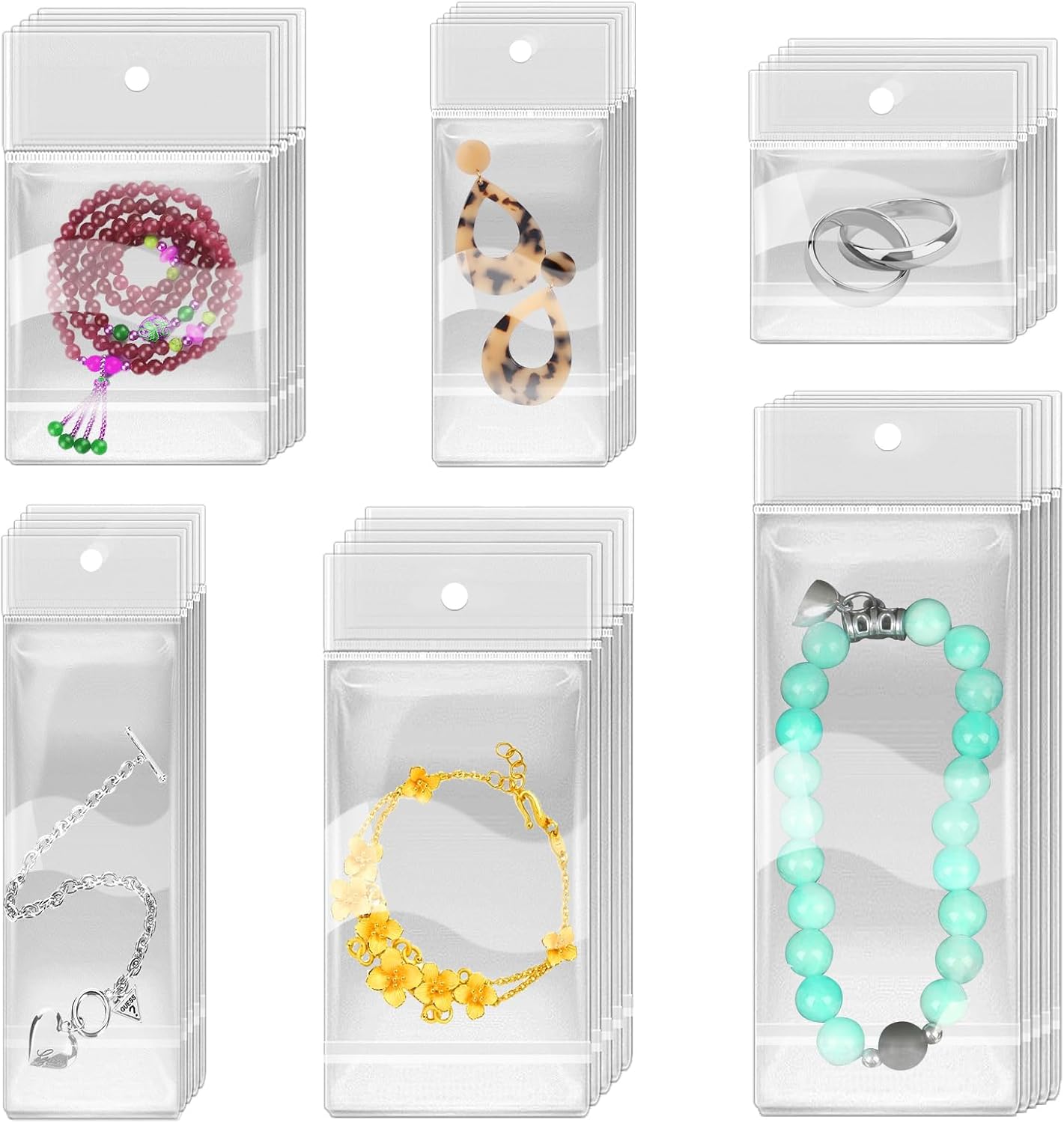 uyakhom 600 Pieces 6 Size Clear Plastic Self-Sealing Bag with Hang Hole Resealable Self Sealing Cellophane Bag for Packaging Jewelry Necklaces Bracelets