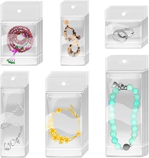 uyakhom 600 Pieces 6 Size Clear Plastic Self-Sealing Bag with Hang Hole Resealable Self Sealing Cellophane Bag for Packaging Jewelry Necklaces Bracelets