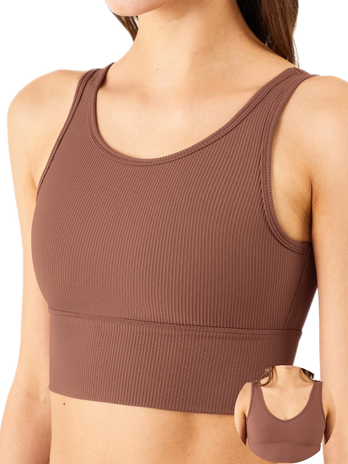 Longline Reggiseno Sportivo Canotta Reggiseno Top per le Donne Senza Soluzione di continuità Reggiseno Sportivo a Costine Top di Allenamento Imbottito Crop Top, U-bronzo, L