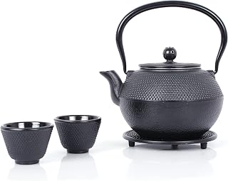 Echtwerk Juego de té de hierro colado, tetera de 1,1 l con colador extraíble, tetera con platillo y 2 tazas de té, tetera vintage para té suelto, negro