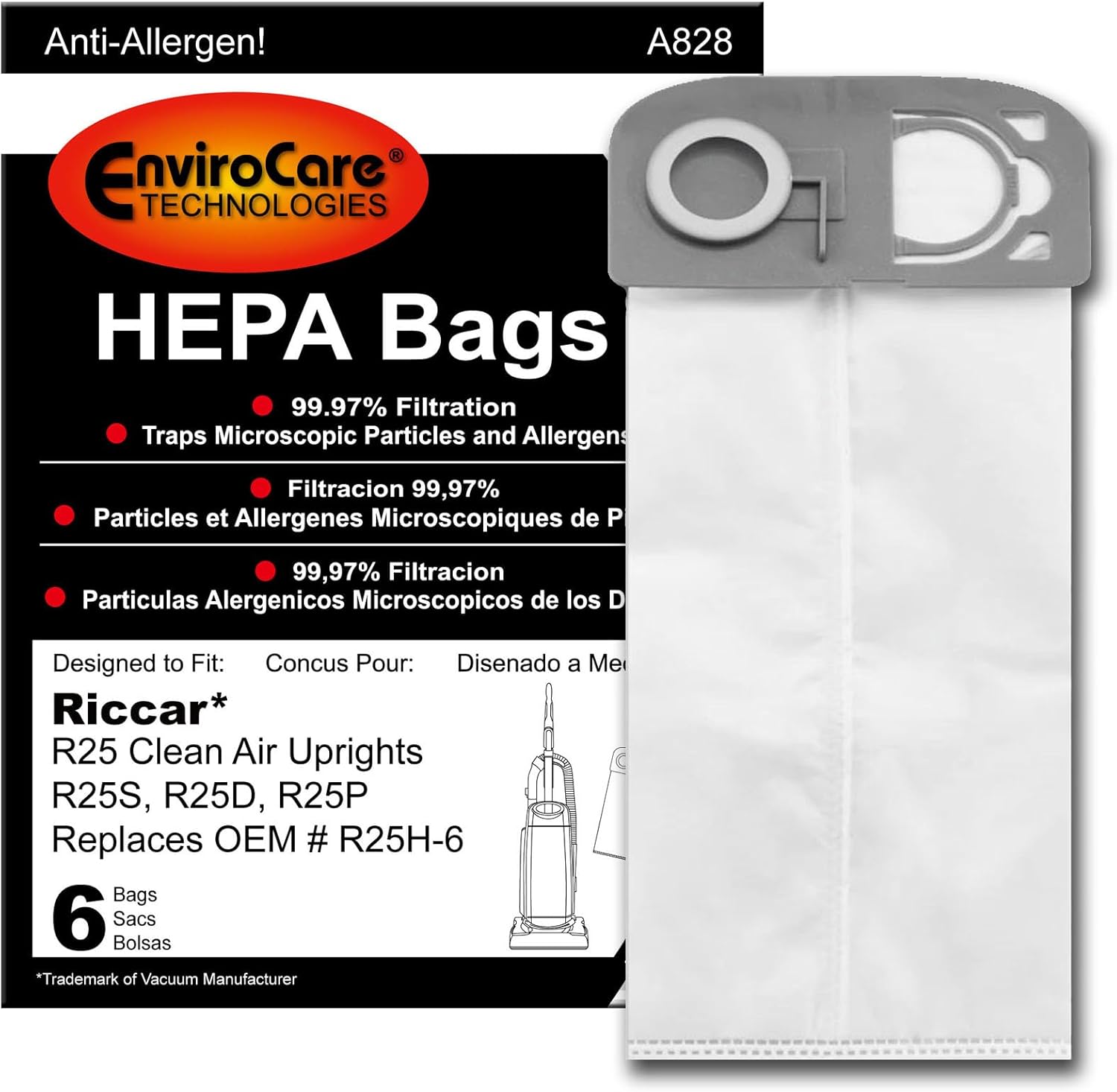 EnviroCare Replacement HEPA Vacuum Cleaner Bags Designed to Fit Riccar R25 Clean Air Uprights 6 Pack