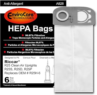 EnviroCare Replacement HEPA Vacuum Cleaner Bags Designed to Fit Riccar R25 Clean Air Uprights 6 Pack