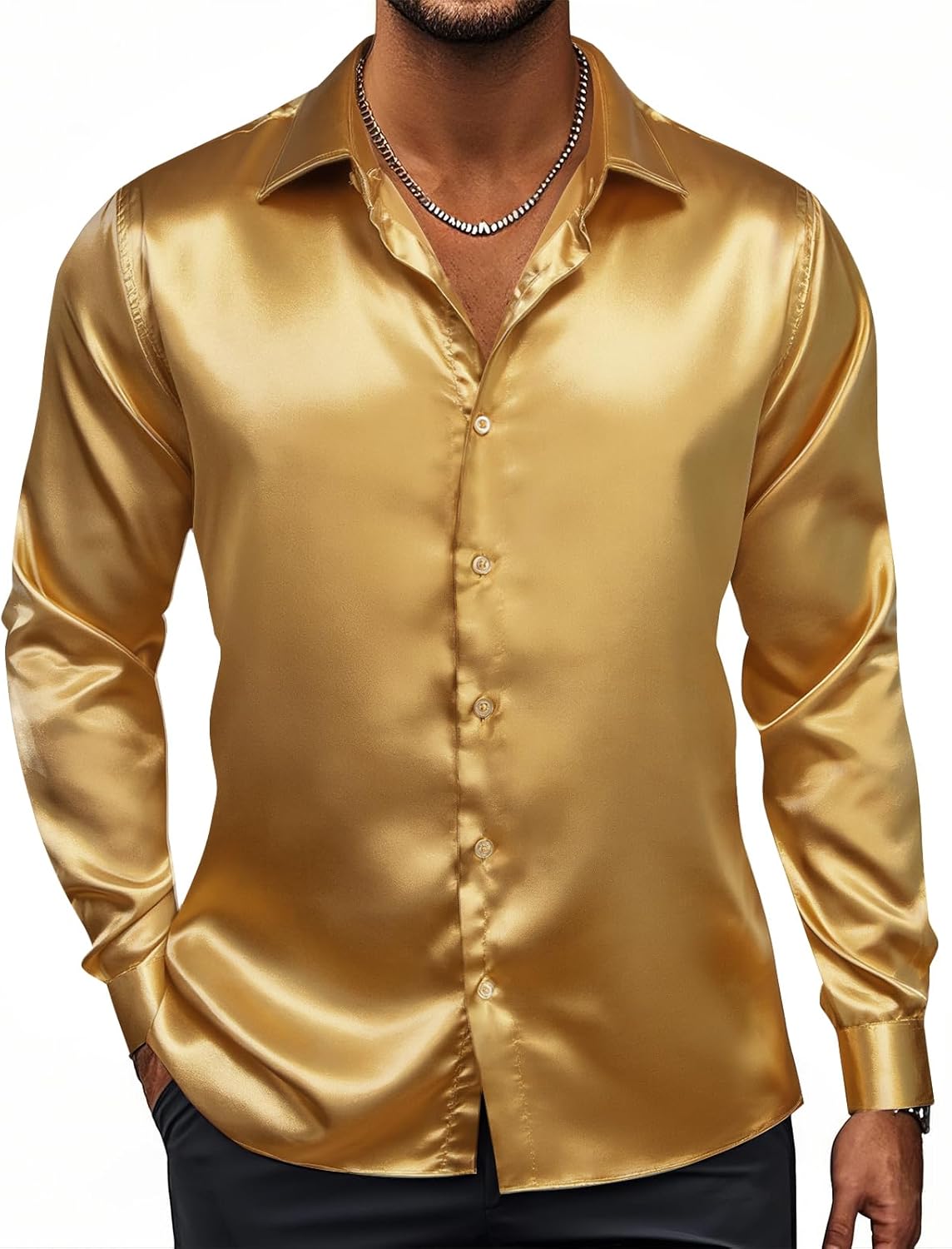 Hi-Tie Men's Silk Satin Dress Shirts Long Sleeve Shiny Casual Button Up Shirts Luxury Party Disco Prom Wedding Shirt