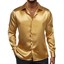 Hi-Tie Mens Silk Satin Shirts Long Sleeve Button Up 70s Shiny Disco Shirt | Mens Satin Silk Shirt, Shiny Luxury Retro Party Prom Wedding Shirt, Nightclub Costume Dress Shirts, 70s Disco Shirt for Men