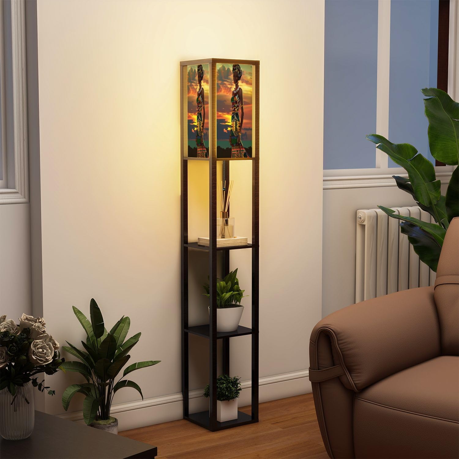 Standing Lamp with Shelves Tall Intricate African Dress Sunset Illustration Vertical Art Modern Wood Corner Lamp for Bedroom Living Room Office Floor Lamp Mid Century Room Decor