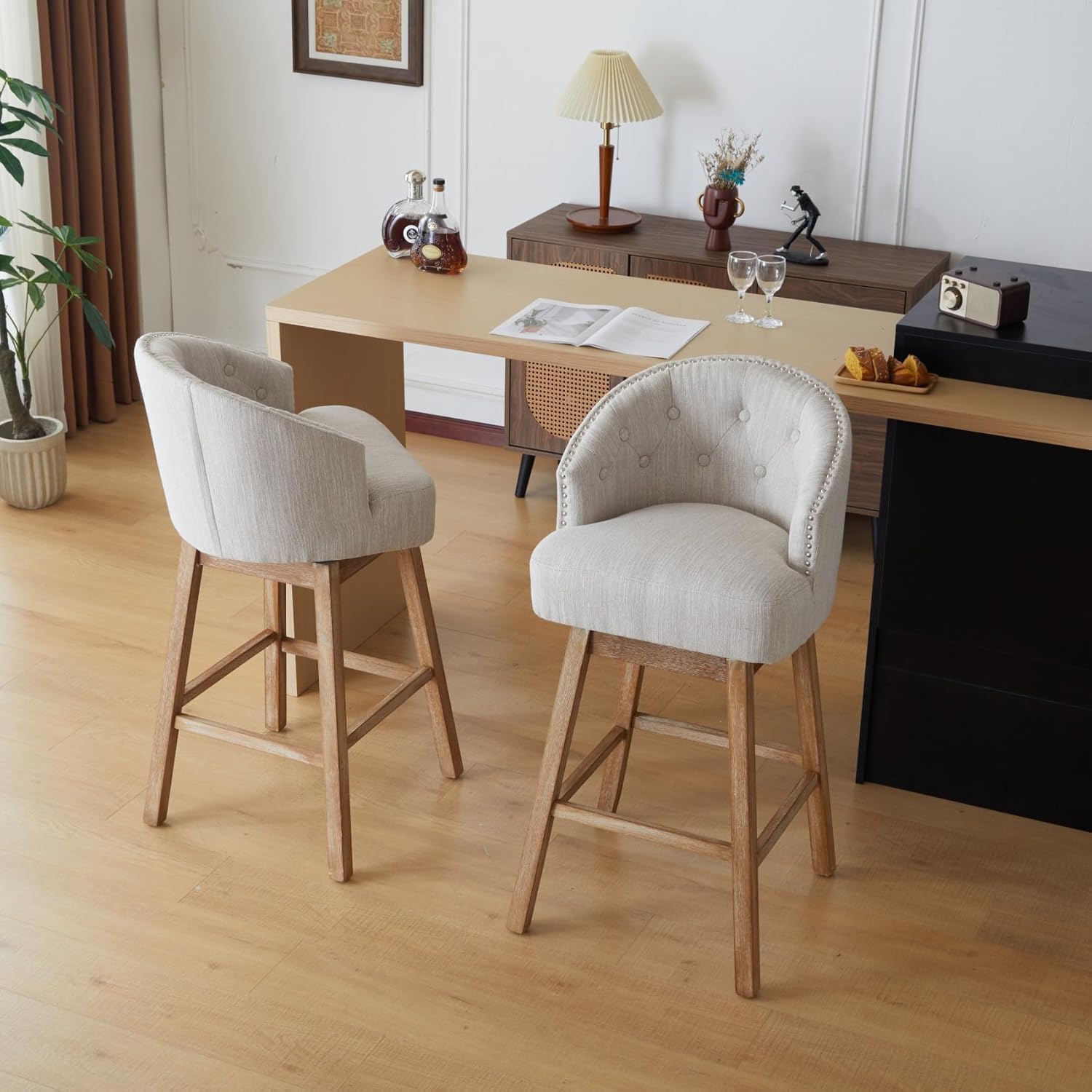 KEIKI 33.25" Swivel Counter Height Bar Stools Set of 2 for Kitchen Island, Upholstered Armless Barstools Chairs with Comfy Backrest and Footrest, Solid Rubber Wood Frame, Beige & Natural