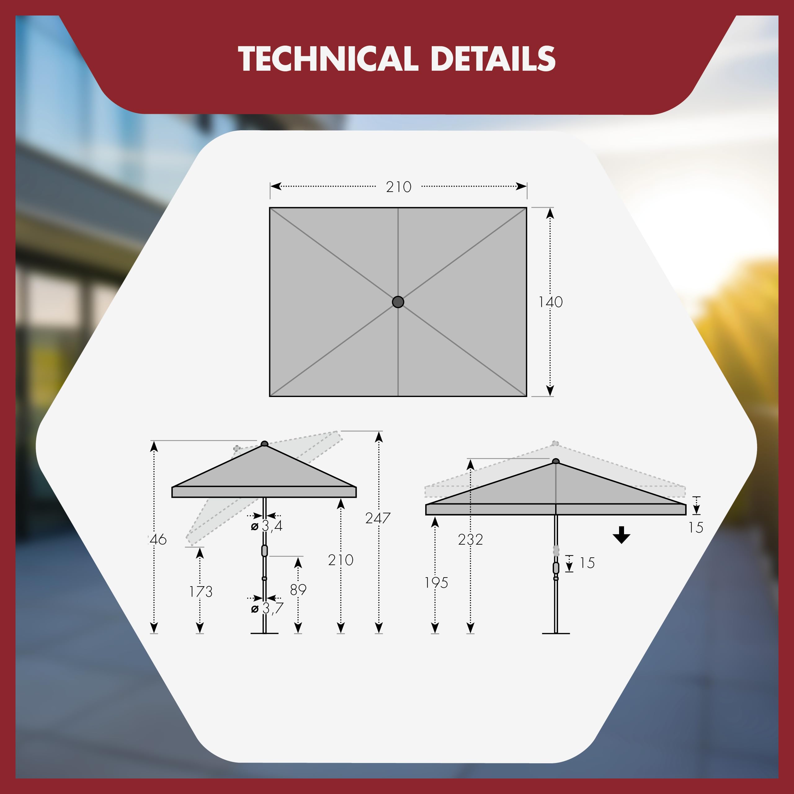 derby Basic Lift NEO 210x140 – Kurbel Sonnenschirm ideal für den Balkon – Höhenverstellbar – ca. 210x140 cm – Anthrazit
