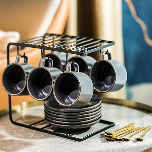 Miniatura 9 de Juego de tazas de café de 19 piezas, tazas de café de cerámica y platillo y soporte de metal de porcelana expreso de lujo, capuchino, latte, café,