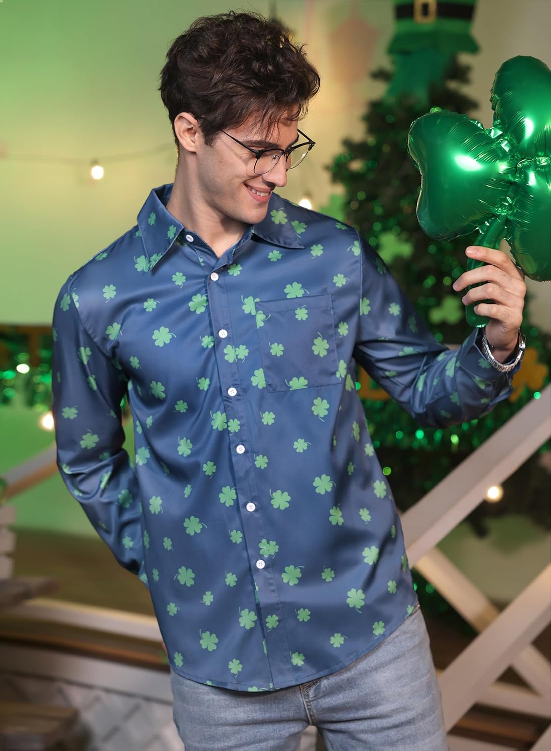 Arvilhill Mens St Patrick's Button Shamrock Clover Printed Long Sleeve Shirt (S-3XL) - Image 4