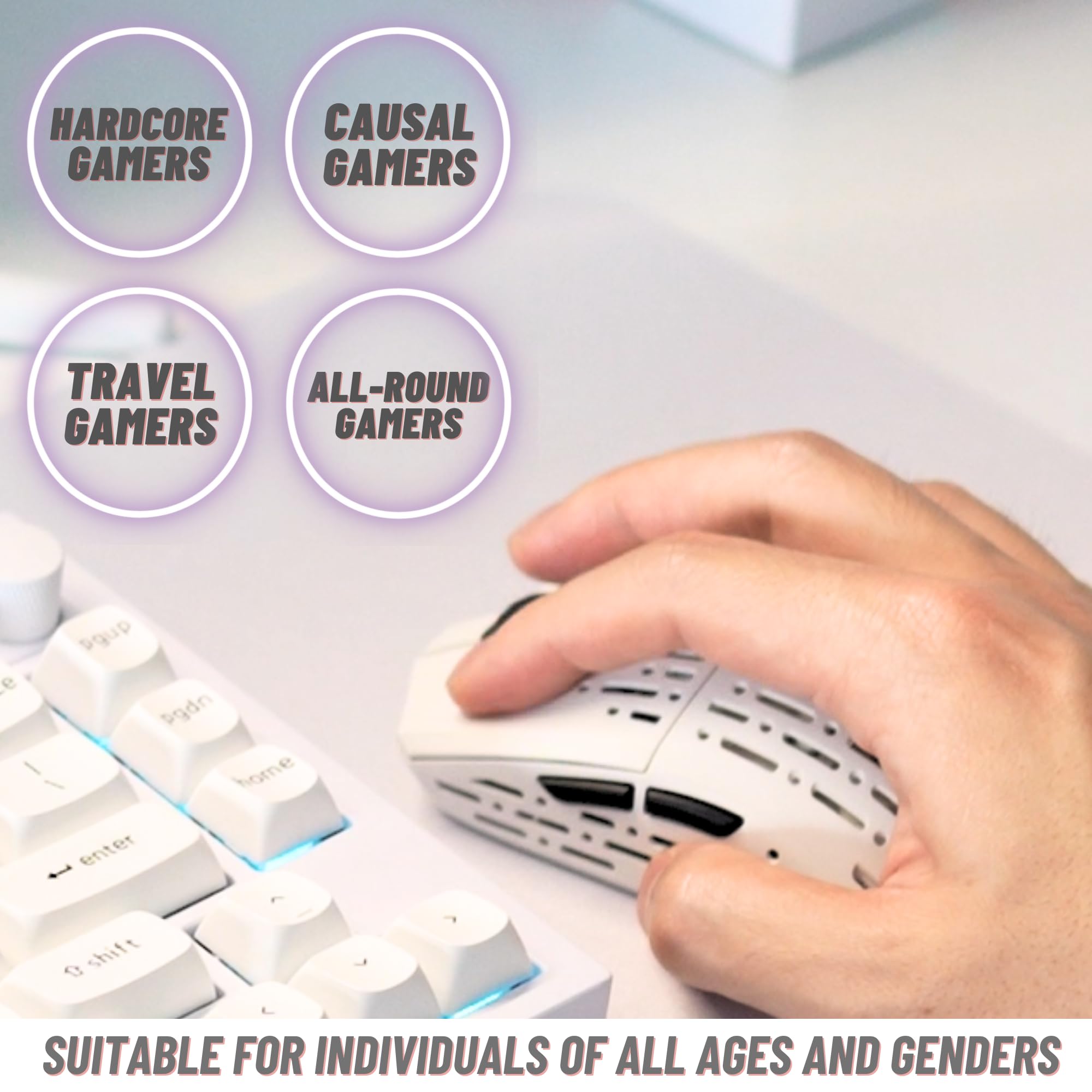 Sleeper, mouse wireless da gioco, 19000 DPI, 53 g, leggero, 6 pulsanti programmabili, lunga durata della batteria, sensore PAW3370, per Esports/FPS Gaming/laptop/PC/Mac/Windows, bianco